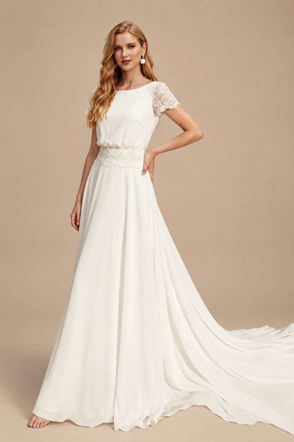 Rutipo Ivory A-Line Scoop Neck Short Sleeves Court Train Chiffon Wedding Dresses