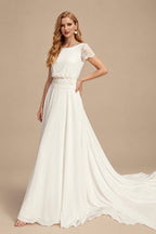 Rutipo Ivory A-Line Scoop Neck Short Sleeves Court Train Chiffon Wedding Dresses