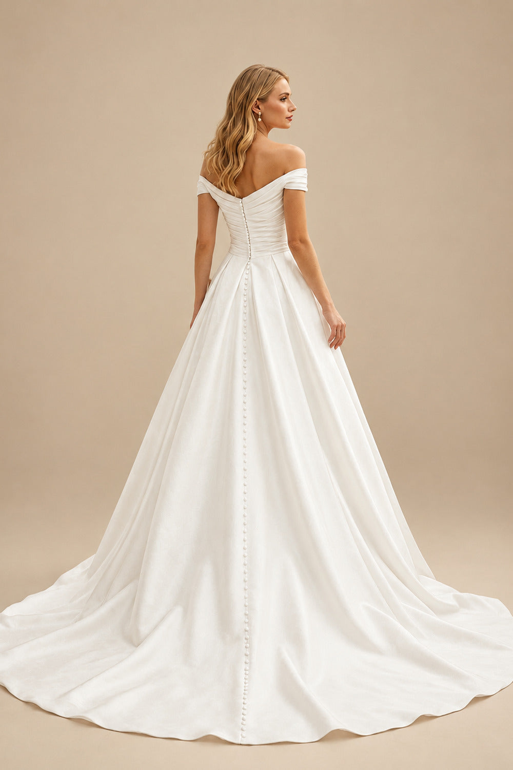Rutipo Ivory Off-The-Shoulder Simple A-Line Pleated Wedding Dresses With Split Front