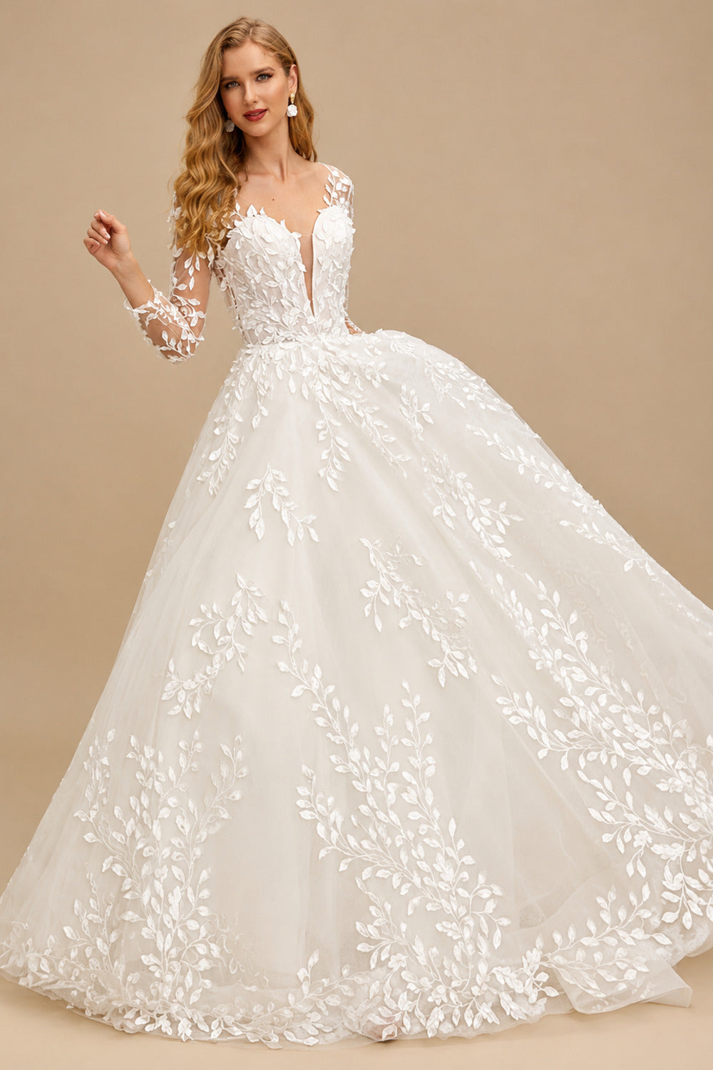Rutipo Ivory Open Back Lace Long Sleeves Sweep Train Wedding Dresses
