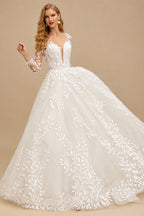 Rutipo Ivory Open Back Lace Long Sleeves Sweep Train Wedding Dresses