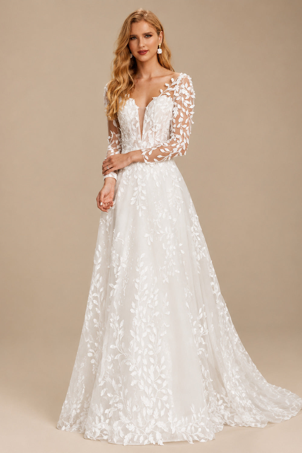 Rutipo Ivory Open Back Lace Long Sleeves Sweep Train Wedding Dresses