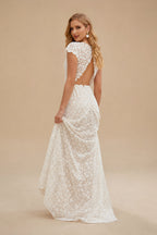 Rutipo Ivory Sheath/Column Short Sleeves Floor-Length Lace Wedding Dresses
