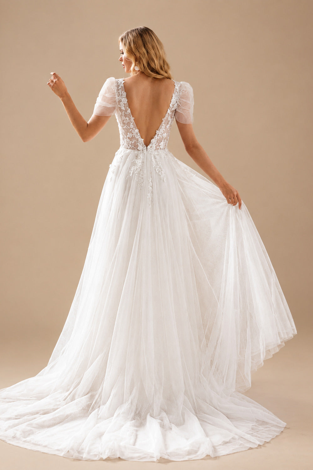 Rutipo Ivory Boho Ball-Gown V-Neck Short Sleeves Lace/Tulle Wedding Dresses With Split Front