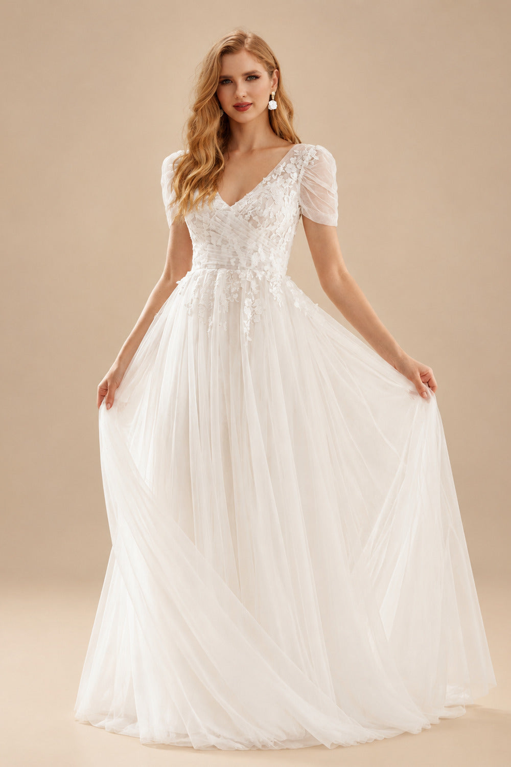 Rutipo Ivory Boho Ball-Gown V-Neck Short Sleeves Lace/Tulle Wedding Dresses With Split Front