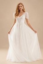 Rutipo Ivory Boho Ball-Gown V-Neck Short Sleeves Lace/Tulle Wedding Dresses With Split Front