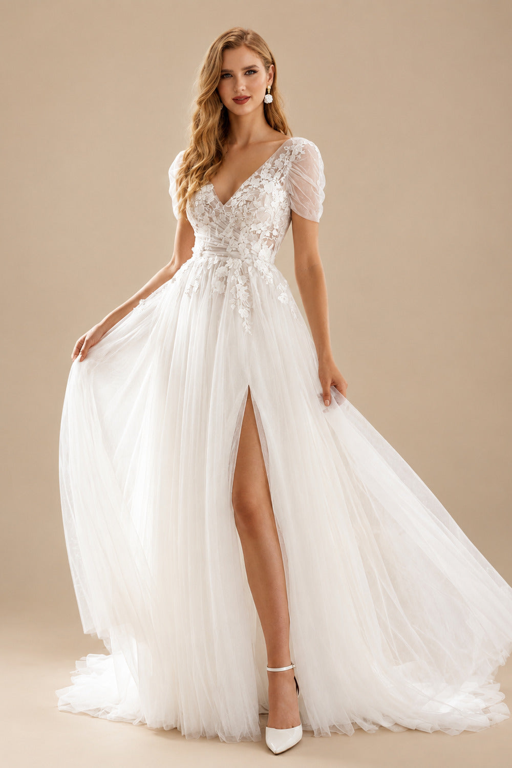 Rutipo Ivory Boho Ball-Gown V-Neck Short Sleeves Lace/Tulle Wedding Dresses With Split Front