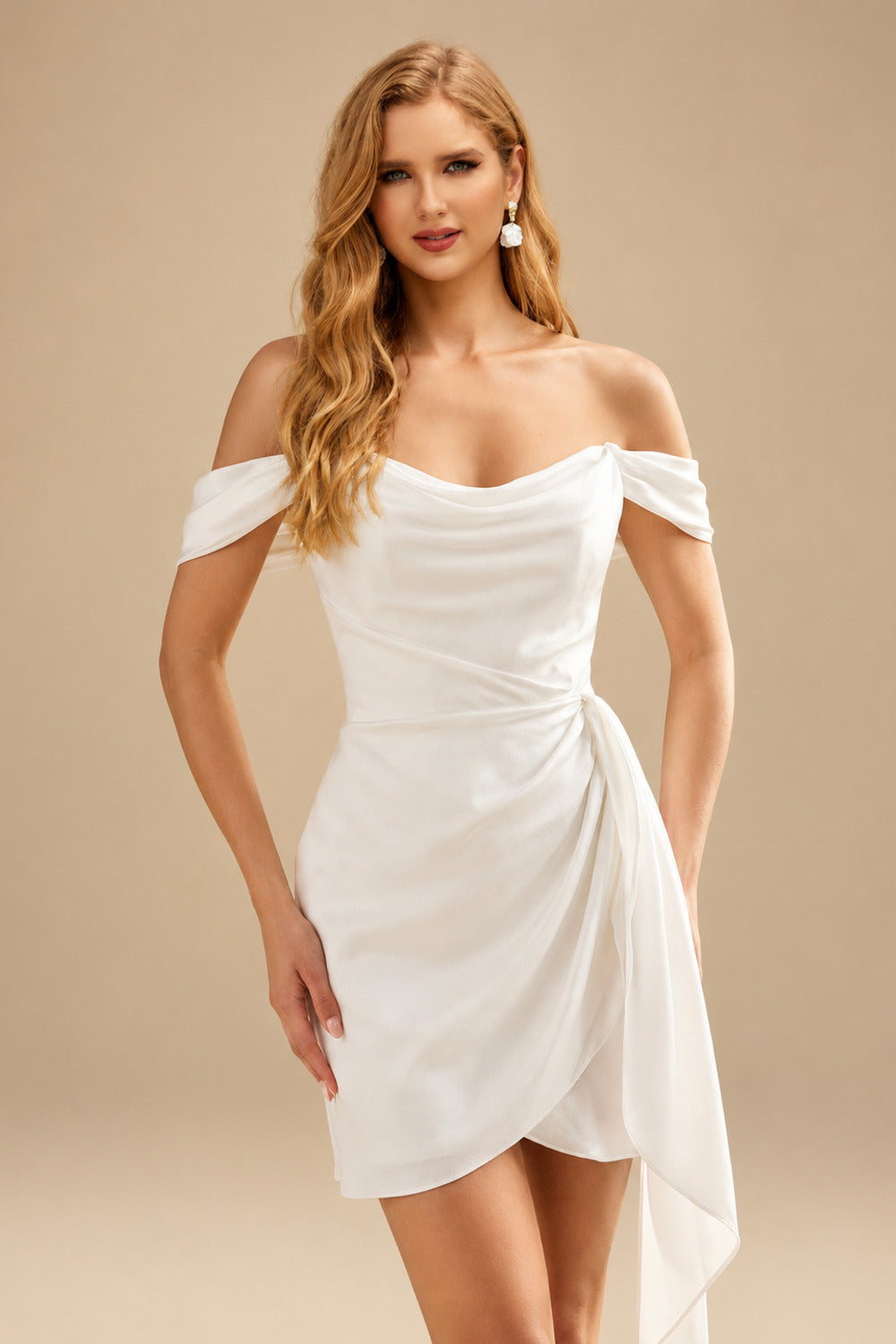 Rutipo Ivory Sheath/Column Off-The-Shoulder Short/Mini Silk Like Satin Wedding Dresses
