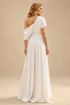 Rutipo Ivory Elegant One-Shoulder Sleeveless Floor-Length Silk Like Satin Wedding Dresses Jumpsuit