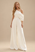Rutipo Ivory Elegant One-Shoulder Sleeveless Floor-Length Silk Like Satin Wedding Dresses Jumpsuit