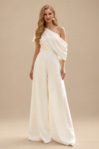 Rutipo Ivory Elegant One-Shoulder Sleeveless Floor-Length Silk Like Satin Wedding Dresses Jumpsuit