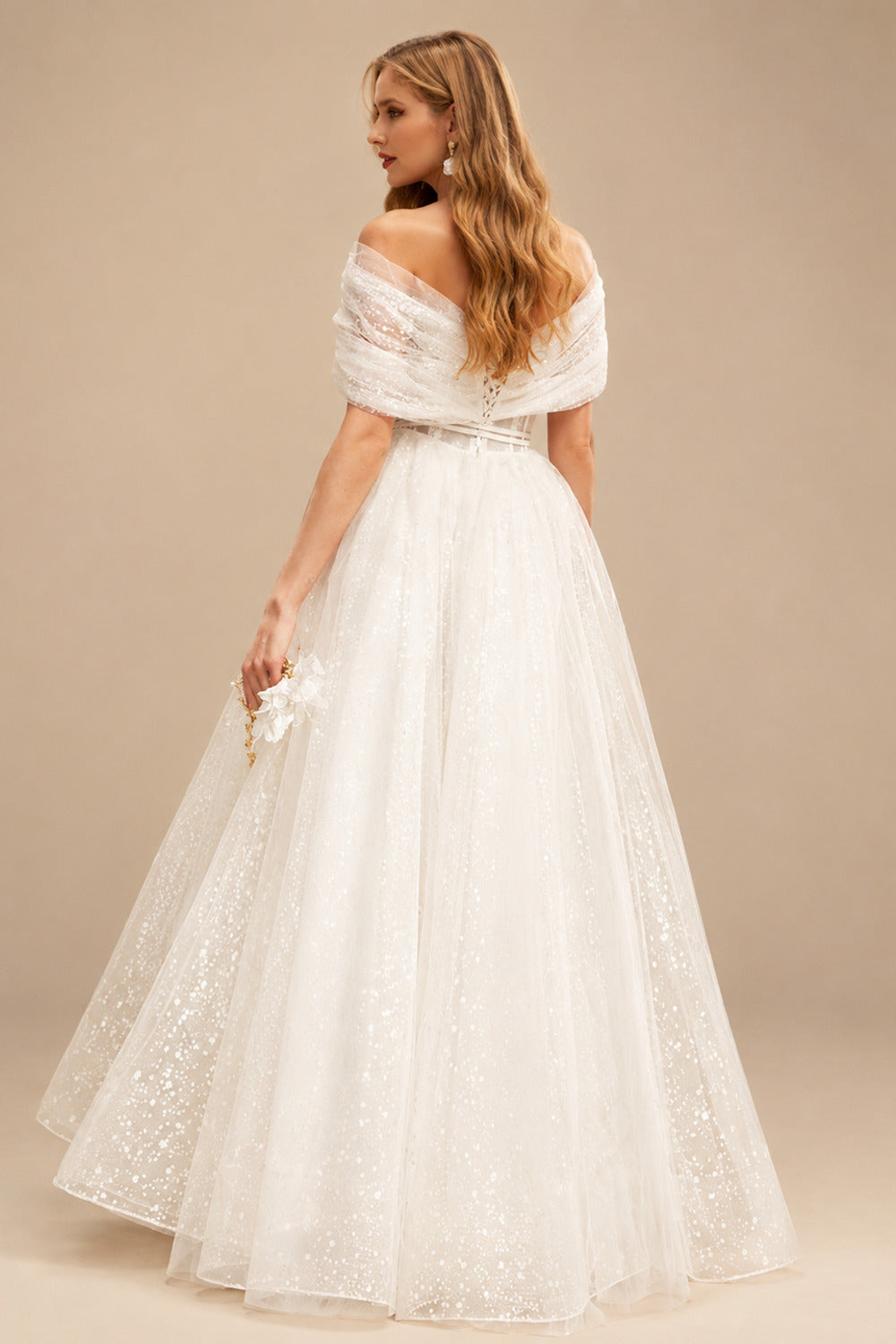 Rutipo Ivory A-Line Off-The-Shoulder Short Sleeves Tea-Length Tulle Wedding Dresses