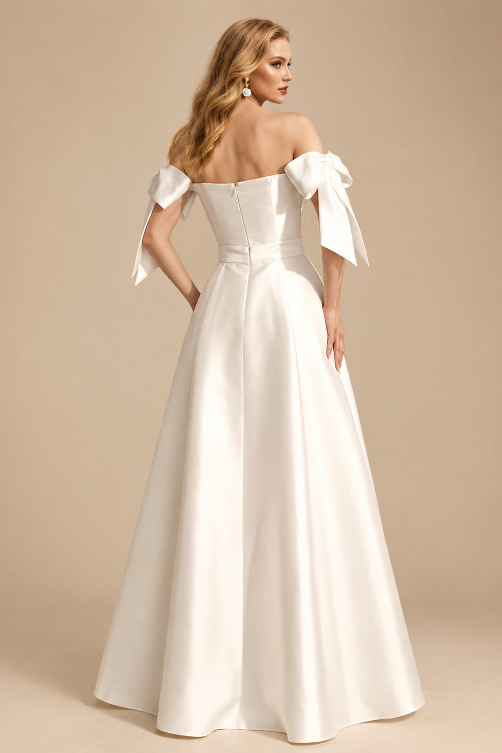 Rutipo Ivory A-Line Off-The-Shoulder Satin Wedding Dresses With Bow(s)/Pockets