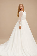 Rutipo Ivory Plus Size A-Line V-Neck Long Sleeves Sweep Train Chiffon Wedding Dresses