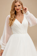 Rutipo Ivory Plus Size A-Line V-Neck Long Sleeves Sweep Train Chiffon Wedding Dresses