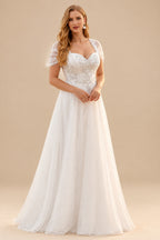 Rutipo Ivory Plus Size A-Line Sweetheart Sleeveless Sweep Train Lace Wedding Dresses