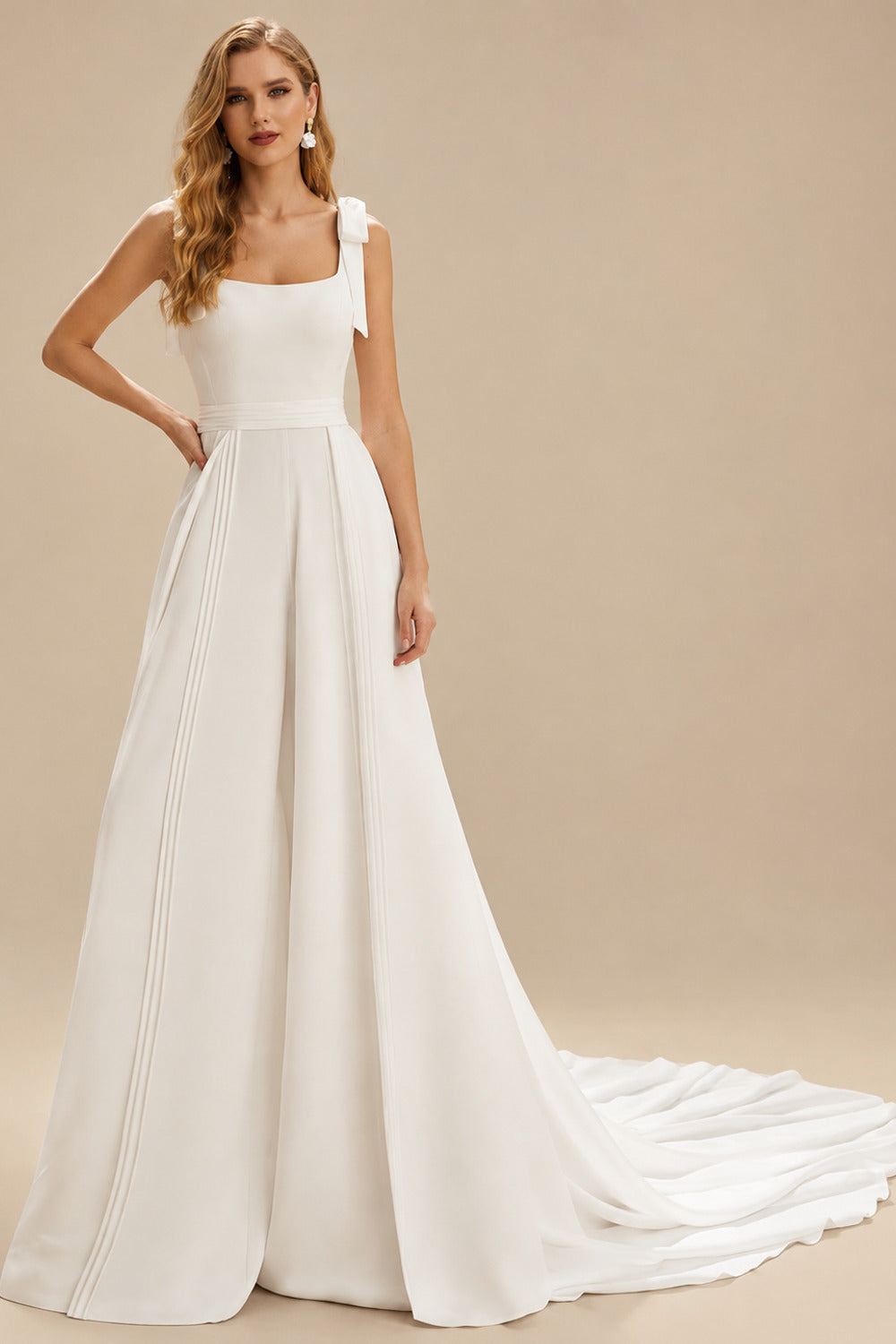 Rutipo Ivory Square Neckline Sleeveless Court Train Wedding Jumpsuit