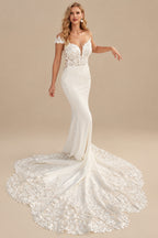 Rutipo Ivory Trumpet/Mermaid Off-The-Shoulder Lace/Elastic Satin Wedding Dresses