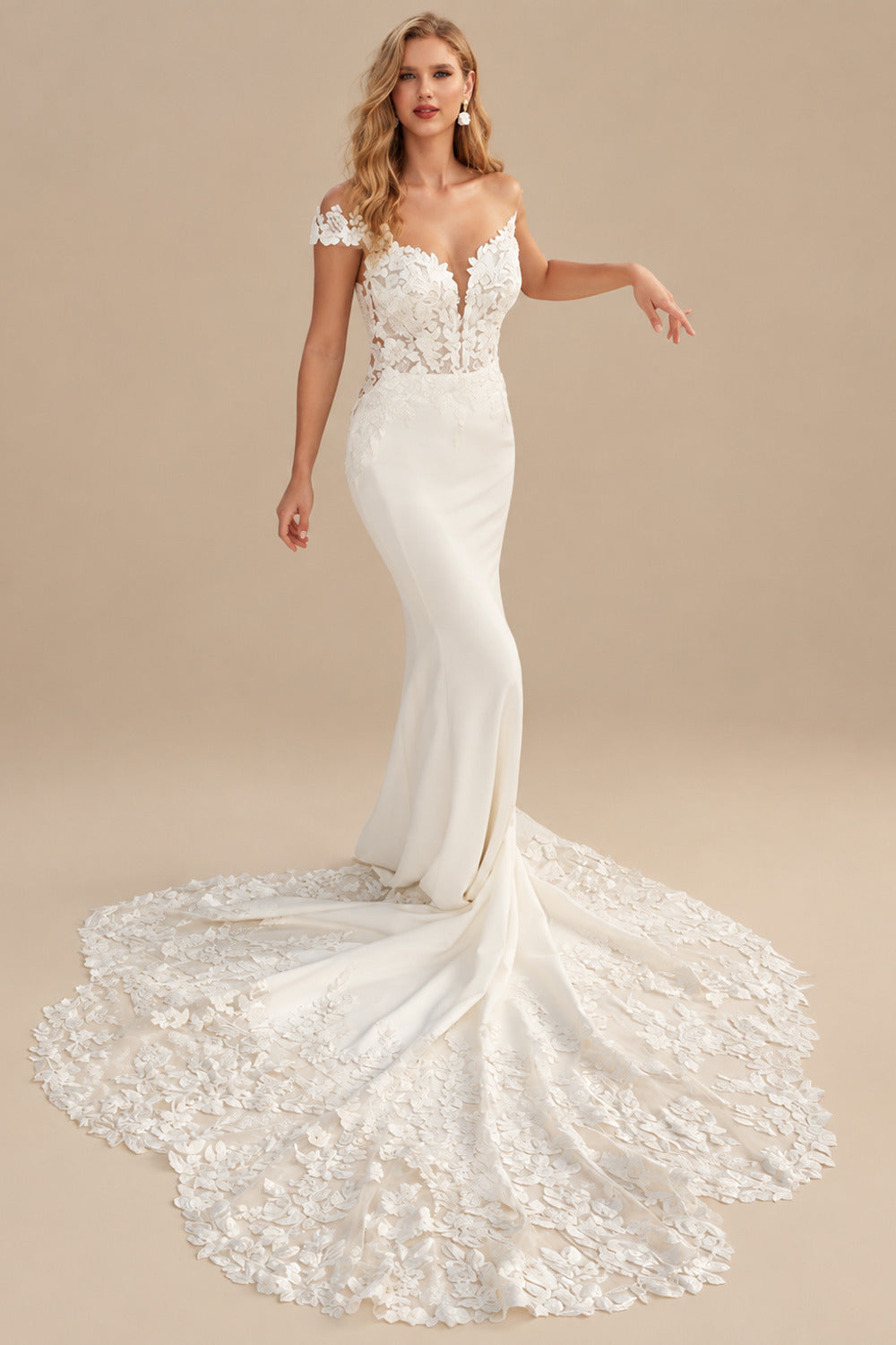 Rutipo Ivory Trumpet/Mermaid Off-The-Shoulder Lace/Elastic Satin Wedding Dresses