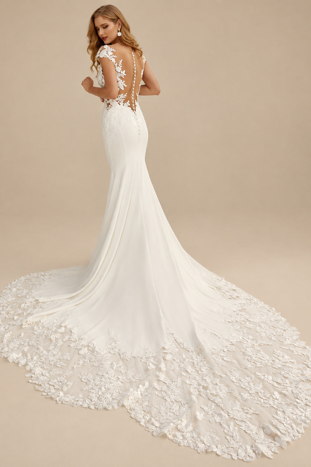 Rutipo Ivory Trumpet/Mermaid Off-The-Shoulder Lace/Elastic Satin Wedding Dresses