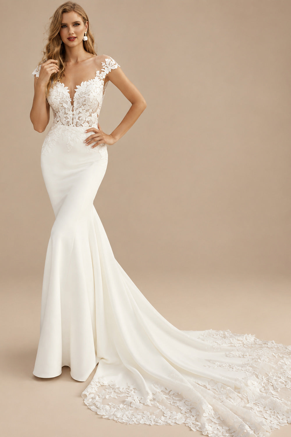 Rutipo Ivory Trumpet/Mermaid Off-The-Shoulder Lace/Elastic Satin Wedding Dresses