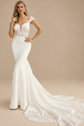 Rutipo Ivory Trumpet/Mermaid Off-The-Shoulder Lace/Elastic Satin Wedding Dresses