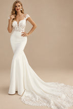 Rutipo Ivory Trumpet/Mermaid Off-The-Shoulder Lace/Elastic Satin Wedding Dresses