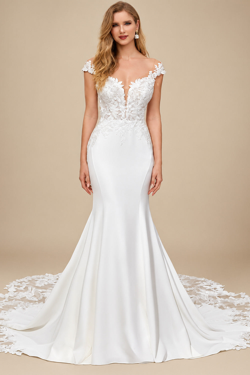Rutipo White Trumpet/Mermaid Off-The-Shoulder Lace/Elastic Satin Wedding Dresses