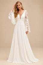 Rutipo Ivory Beach/Boho V-Neck Long Sleeves Court Train Lace Wedding Dresses
