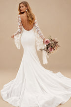 Rutipo Ivory Beach/Boho V-Neck Long Sleeves Court Train Lace Wedding Dresses