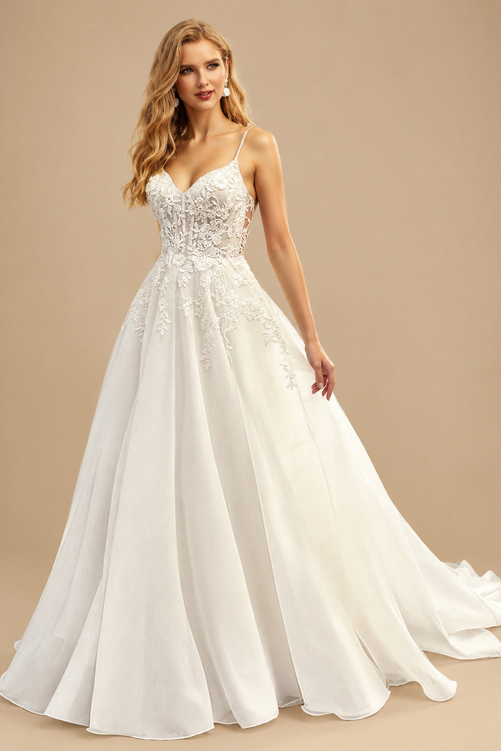 Rutipo Ivory Lace Ball-Gown Organza Open Back Wedding Dresses