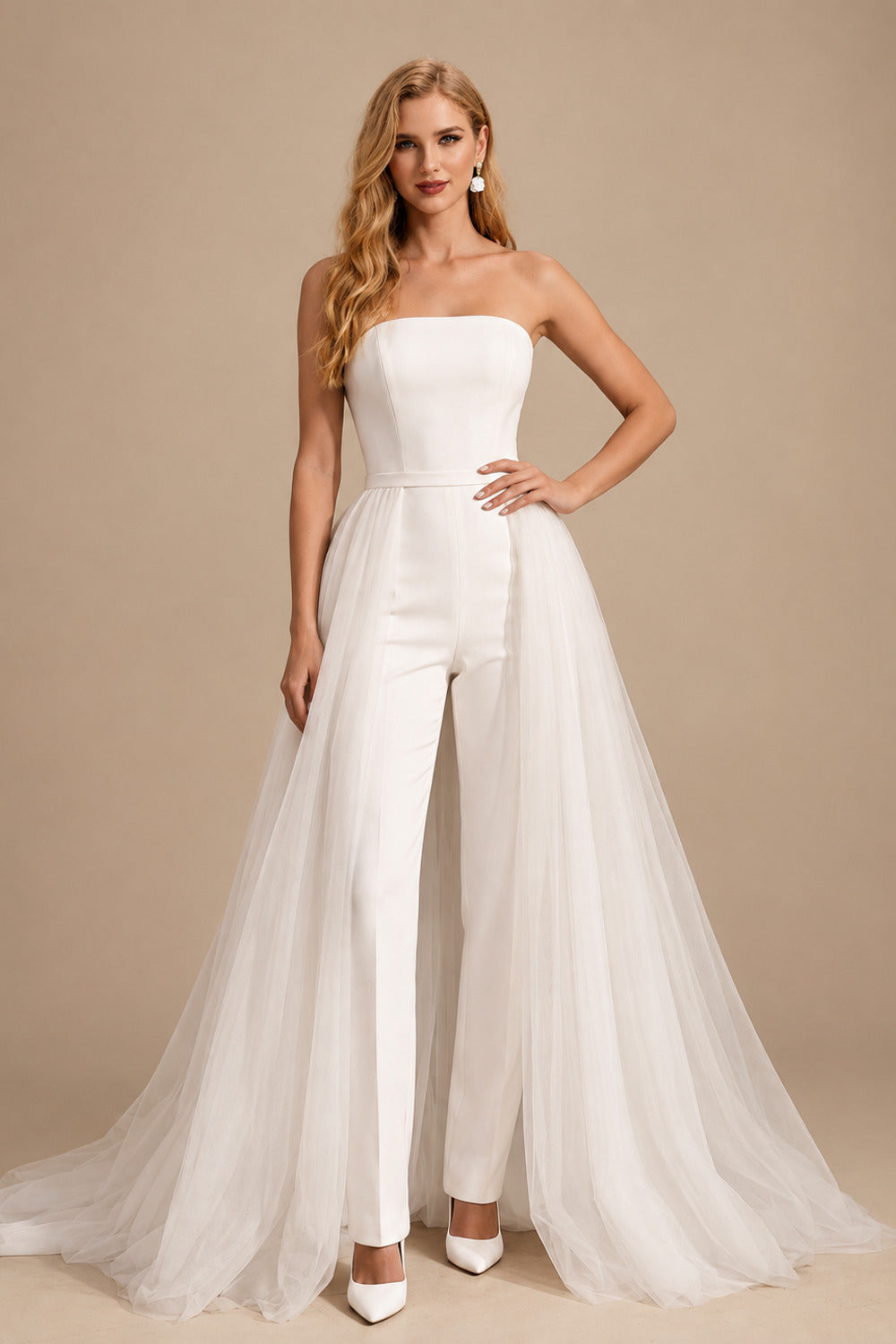 Rutipo Ivory Jumpsuit/Pantsuit Strapless Sleeveless Sweep Train Wedding Dresses