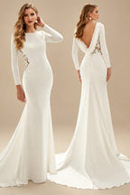 Rutipo Ivory Trumpet/Mermaid Scoop Neck Long Sleeves Lace/Elastic Satin Wedding Dresses