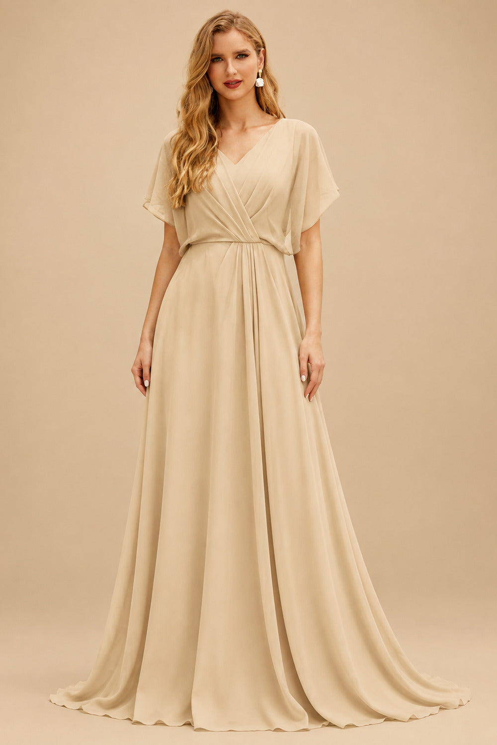 Rutipo Champagne Sheath/Column V-Neck Long Sleeves Floor-Length Elastic Satin Wedding Dresses