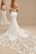 Rutipo Ivory Trumpet/Mermaid Off-The-Shoulder Sleeveless Lace Wedding Dresses
