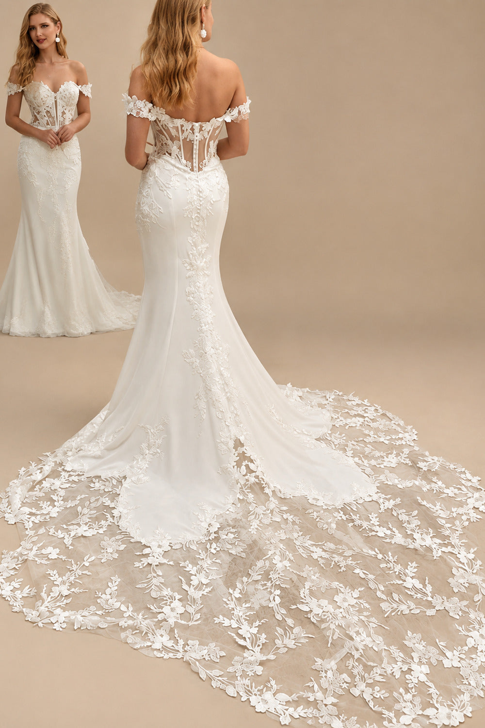 Rutipo Ivory Trumpet/Mermaid Off-The-Shoulder Sleeveless Lace Wedding Dresses