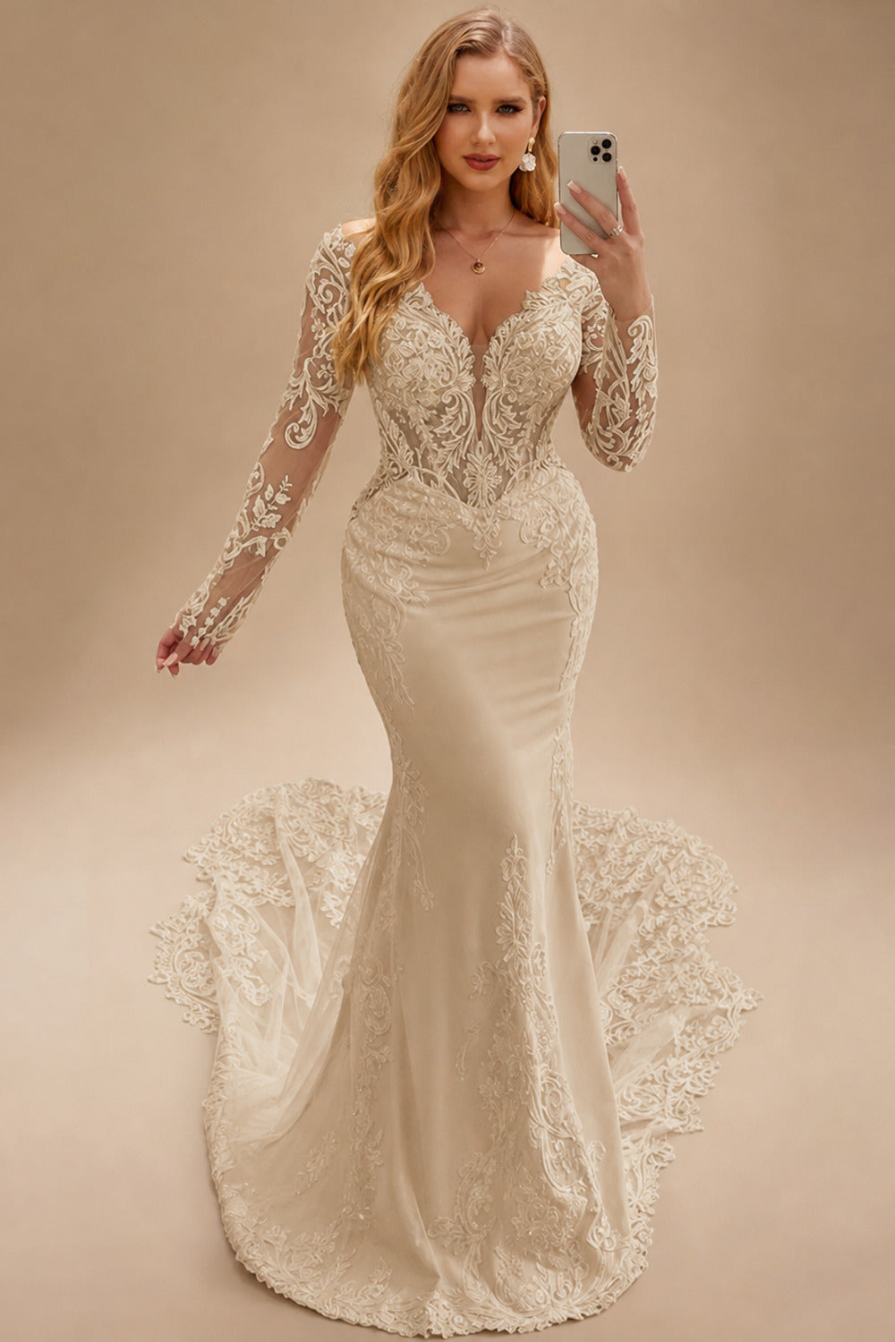 Rutipo Champagne Trumpet/Mermaid Off-The-Shoulder Long Sleeves Lace Wedding Dresses