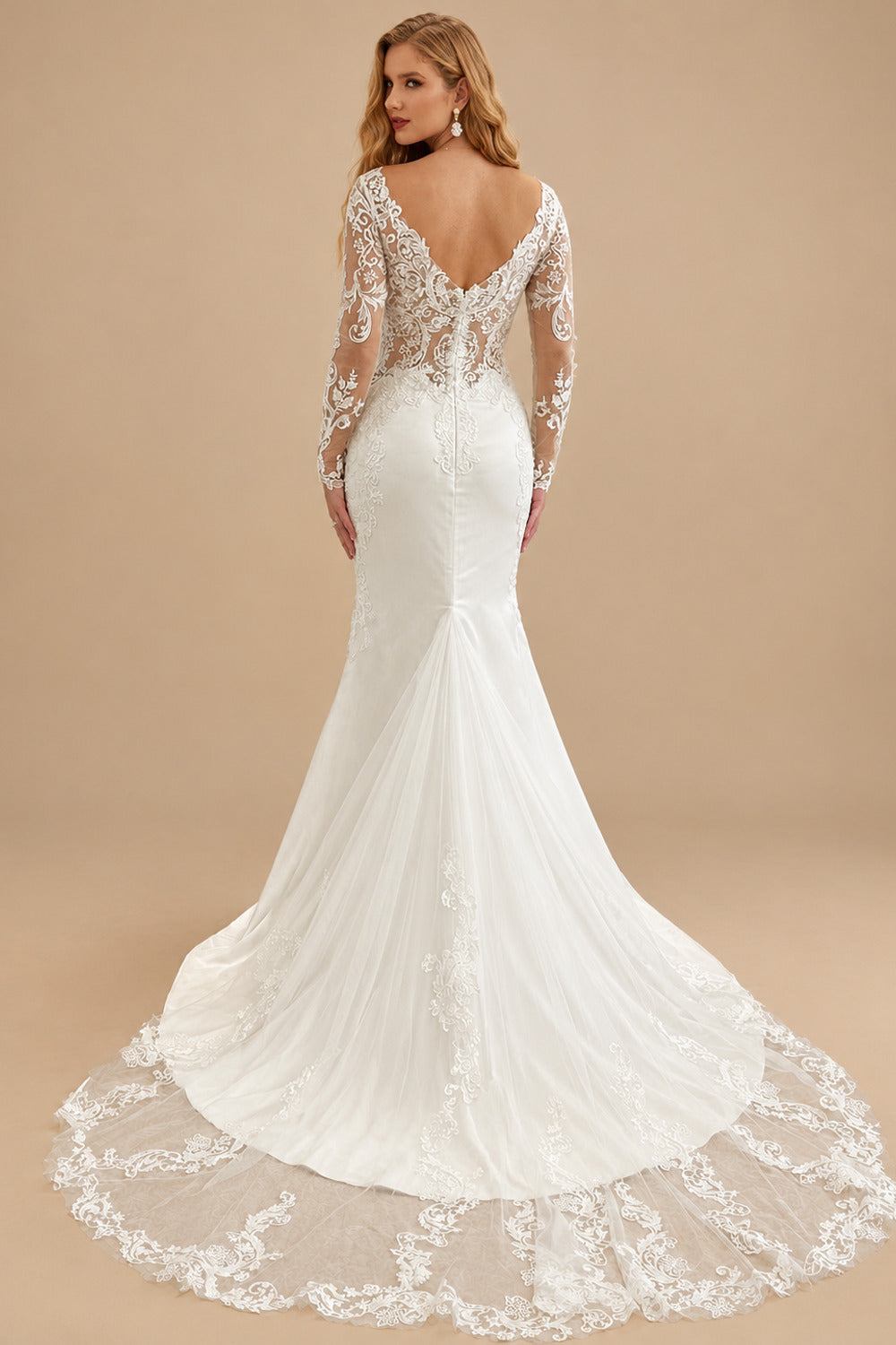 Rutipo Ivory Trumpet/Mermaid Off-The-Shoulder Long Sleeves Lace Wedding Dresses