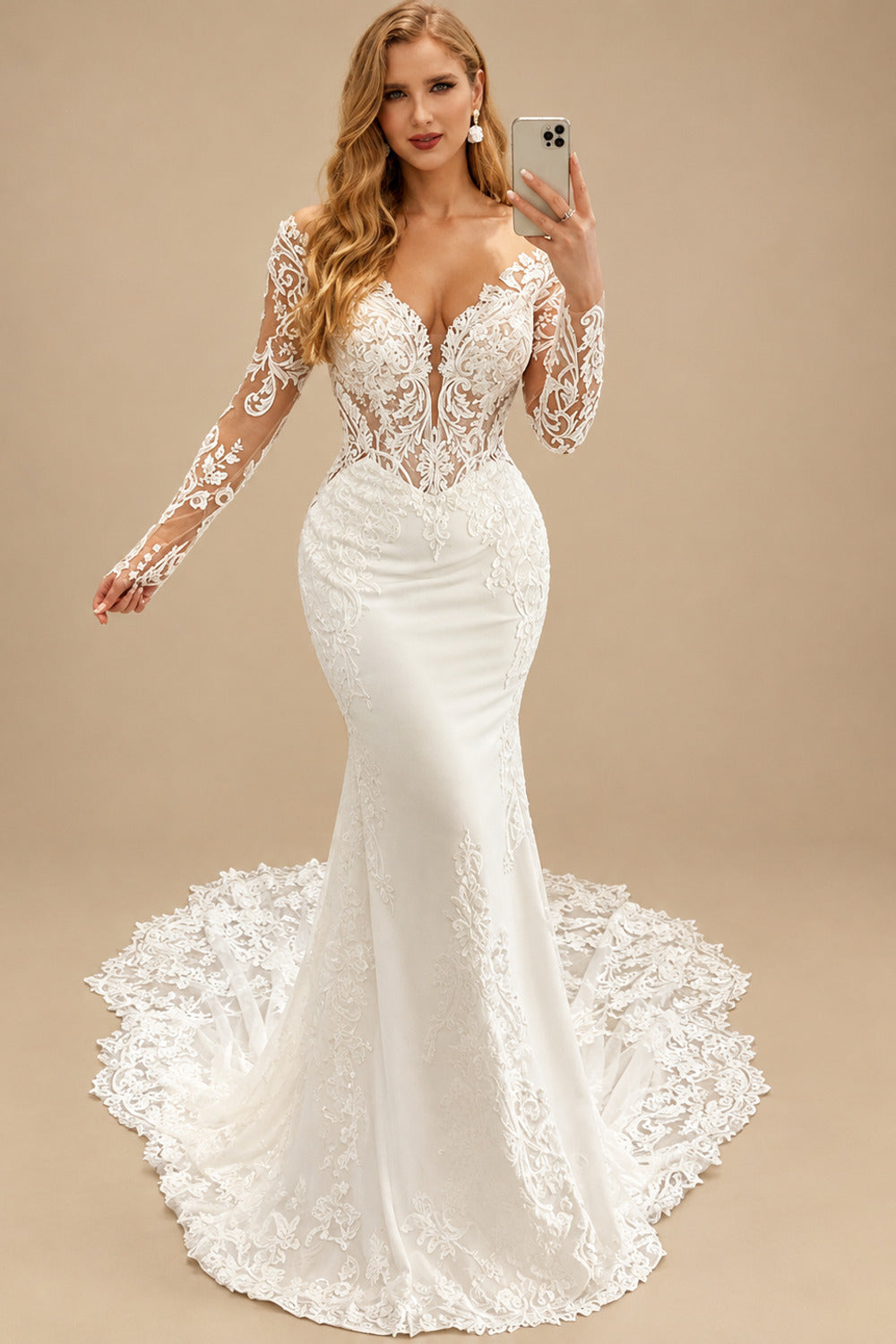 Rutipo Ivory Trumpet/Mermaid Off-The-Shoulder Long Sleeves Lace Wedding Dresses