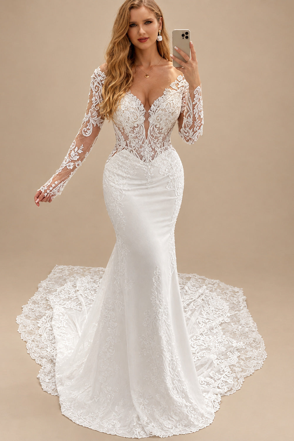 Rutipo White Trumpet/Mermaid Off-The-Shoulder Long Sleeves Lace Wedding Dresses
