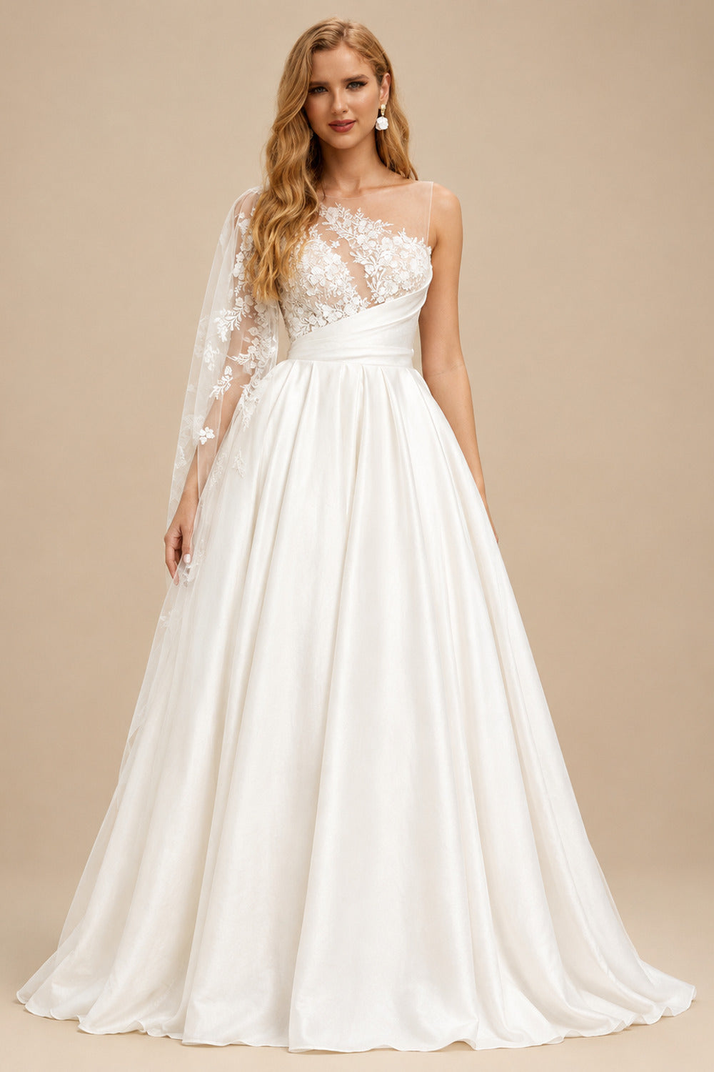 Rutipo Ivory Ball-Gown Sweep Train Satin Wedding Dresses With Appliques Lace