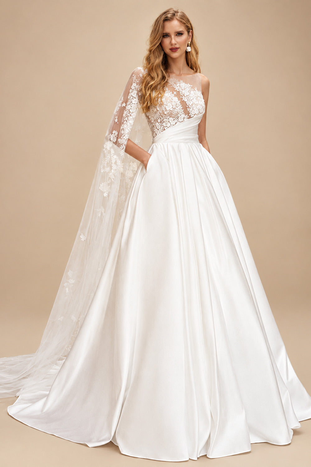 Rutipo Ivory Ball-Gown Sweep Train Satin Wedding Dresses With Appliques Lace