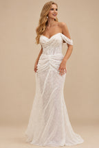 Rutipo Ivory Sheath Off-The-Shoulder Sleeveless Sweep Train Sequined Wedding Dresses