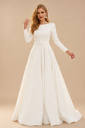 Rutipo Ivory Elegant Simple Long Sleeves Satin Wedding Dresses With A-Line