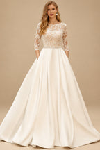 Rutipo As Picture Elegant Ball-Gown Illusion Neck 3/4 Sleeves Court Train Lace/Twill Satin Wedding Dress With Beading