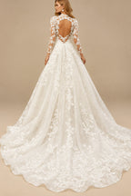 Rutipo Ivory Ball-Gown Illusion Neck 3/4 Sleeves Sweep Train Lace/Tulle Wedding Dresses