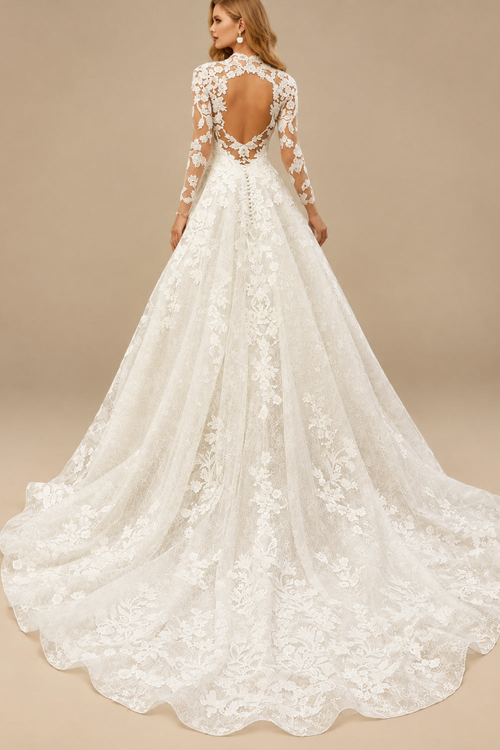 Rutipo Ivory Ball-Gown Illusion Neck 3/4 Sleeves Sweep Train Lace/Tulle Wedding Dresses