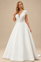 Rutipo Ivory Plus Size A-Line V-Neck Short Sleeves Sweep Train Lace/Satin Wedding Dresses