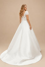 Rutipo Ivory Plus Size A-Line V-Neck Short Sleeves Sweep Train Lace/Satin Wedding Dresses