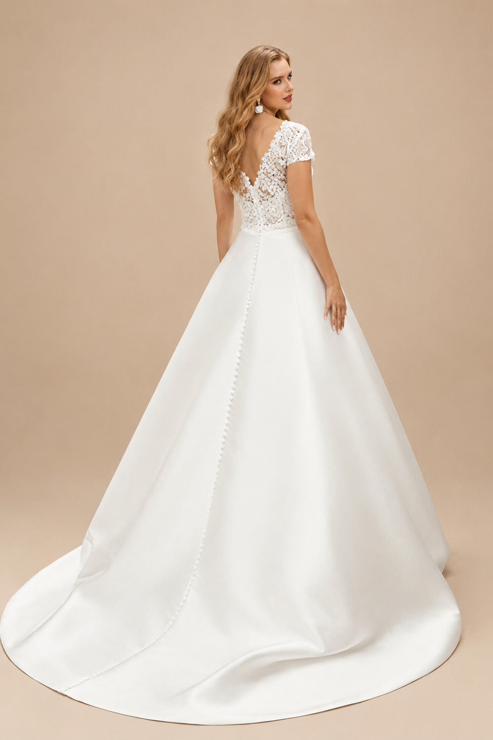 Rutipo Ivory Plus Size A-Line V-Neck Short Sleeves Sweep Train Lace/Satin Wedding Dresses